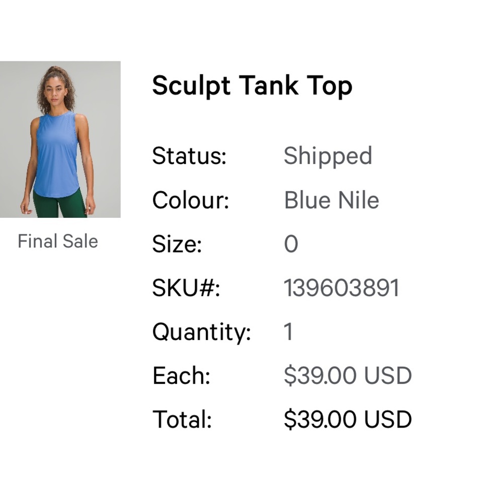 Lululemon sculpt tank. Blue Nile. Size 0.